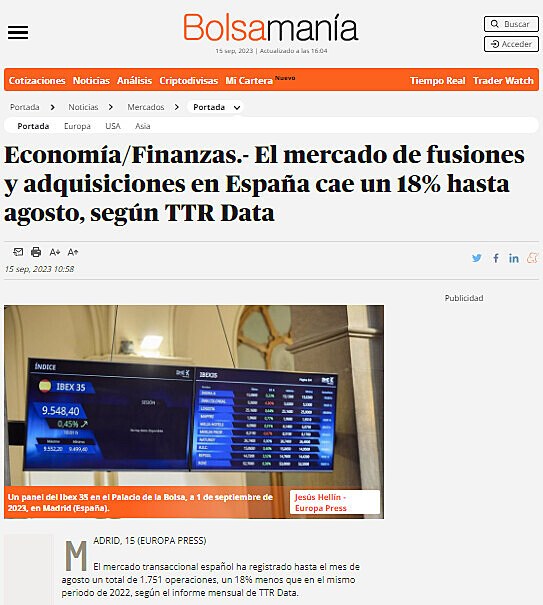 Economa/Finanzas.- El mercado de fusiones y adquisiciones en Espaa cae un 18% hasta agosto, segn TTR Data